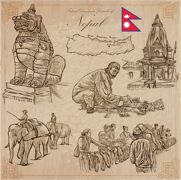Népal - Photos de la vie. Voyage. Collecte vectorielle. Dessin à main — Image vectorielle