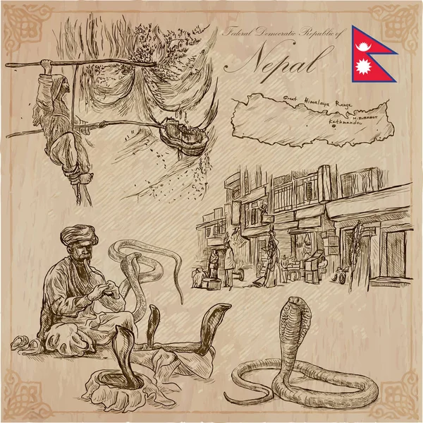 Nepal - foto's van het leven. Reizen. Vector collectie. Hand drawin — Stockvector