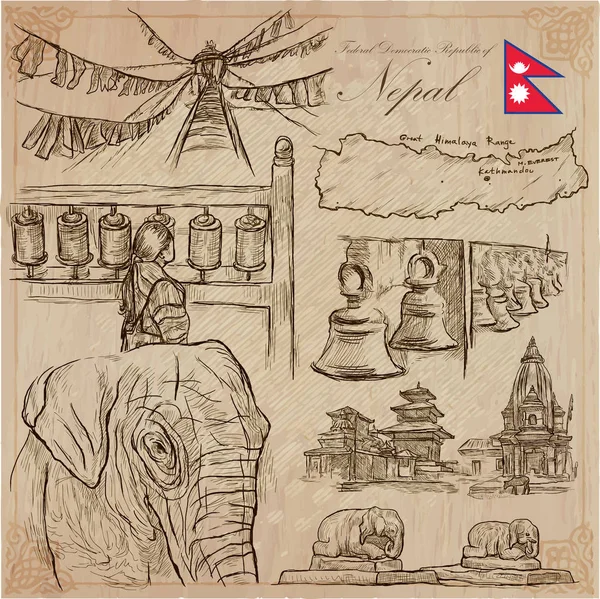 Nepal - hayat resimleri. Seyahat. Vektör toplama. El drawin