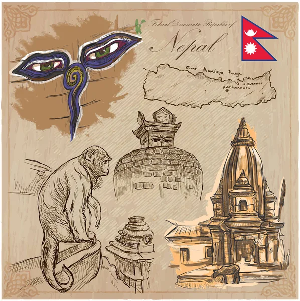 Nepal - Fotos de la vida. Viajar. Colección vectorial. Drawin mano — Vector de stock