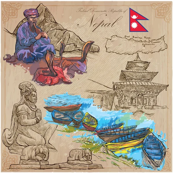 Nepal - Fotos da vida. Viajar. Coleção de vetores. Gaveta manual —  Vetores de Stock