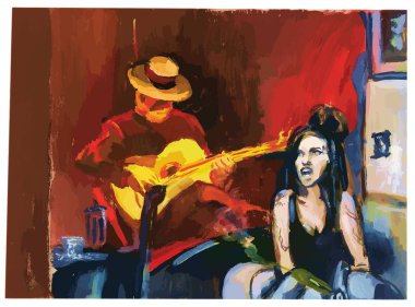 Bir el resmi vektör dönüştürülmüş boyalı. Müzisyen - gitar