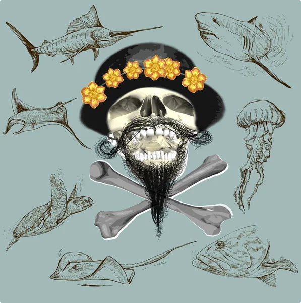 Bearded pirate skull and underwater life - hand drawn vector — Stock Vector