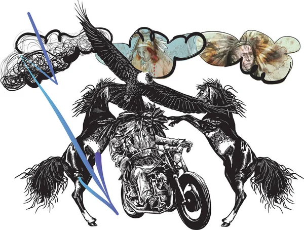 Sur le vélo - les Amérindiens conduisent une moto — Image vectorielle