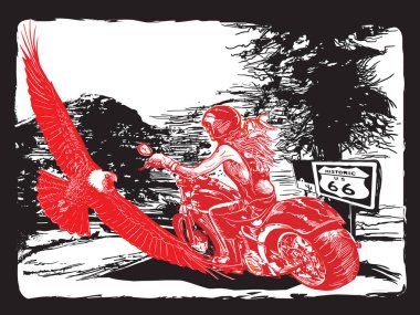 Bir kadın sürme motosiklet. Bir el çizilmiş vektör. Serbest drawi