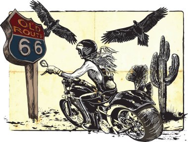 Bir kadın sürme motosiklet. Bir el çizilmiş vektör. Serbest drawi