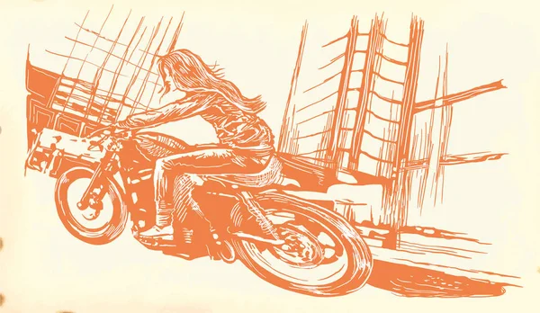 Une femme en moto. Un vecteur dessiné à la main. Dessin à main levée — Image vectorielle