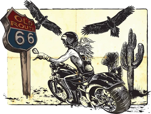Bir kadın sürme motosiklet. Bir el çizilmiş vektör. Serbest drawi