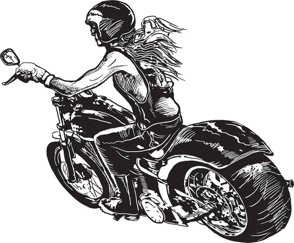 女子骑摩托车。手的绘制的矢量。手绘绘 — 图库矢量图片