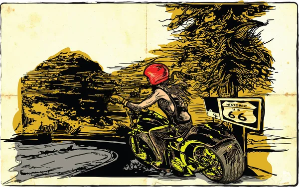 女性乗馬オートバイ。手描きの背景。フリーハンドはに集めて — ストックベクタ