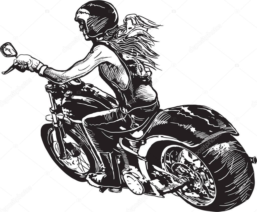 An woman riding motorcycle. An hand drawn vector. Freehand drawi