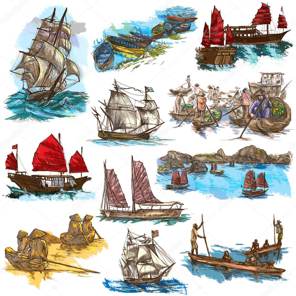 An hand drawn full sized collection, pack of Boats and Ships. Is