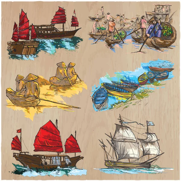 Barcos - Un paquete vectorial dibujado a mano. Línea de arte . — Archivo Imágenes Vectoriales