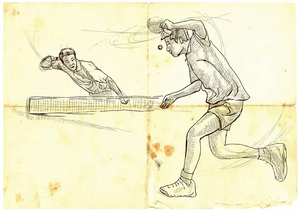 Αθλητισμος, πινγκ-πονγκ, πινγκ-πονγκ. Ένα χέρι, γραμμικό σχέδιο, εικόνα — Διανυσματικό Αρχείο