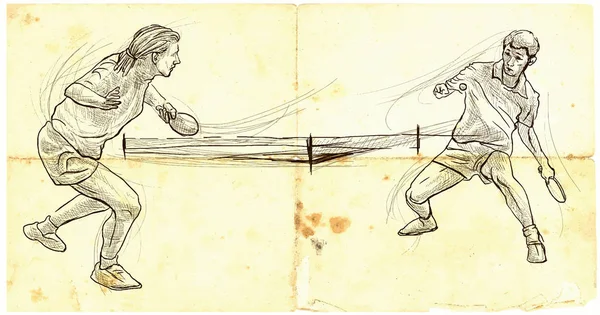 Deporte, tenis de mesa, ping-pong. Dibujado a mano, arte de línea, imagen — Vector de stock