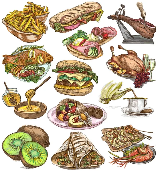 Voedsel. Freehands, hand getrokken collectie. Zeer fijne tekeningen. — Stockfoto