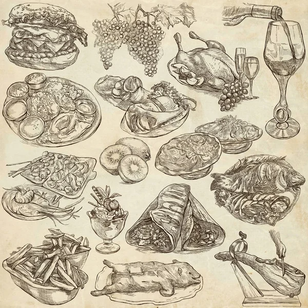 Żywności. Freehands, ręcznie rysowane kolekcji. Grafika liniowa. — Zdjęcie stockowe