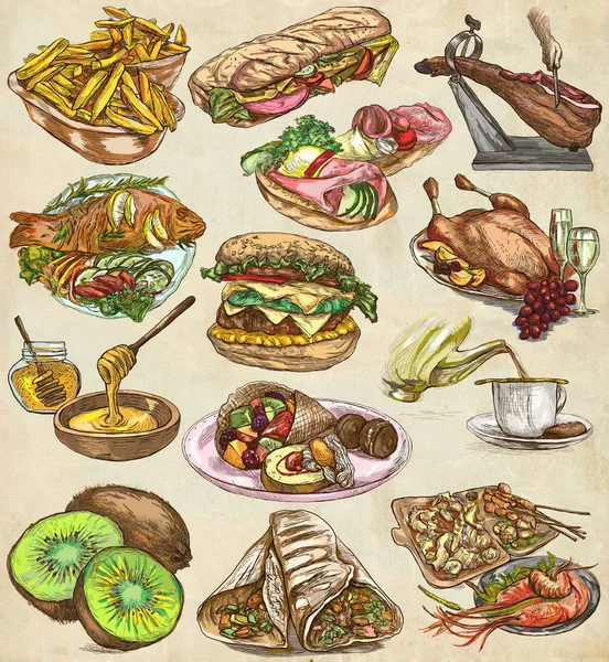 Voedsel. Freehands, hand getrokken collectie. Zeer fijne tekeningen. — Stockfoto