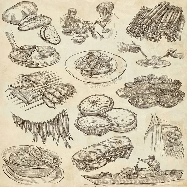 Żywności. Freehands, ręcznie rysowane kolekcji. Grafika liniowa. — Zdjęcie stockowe