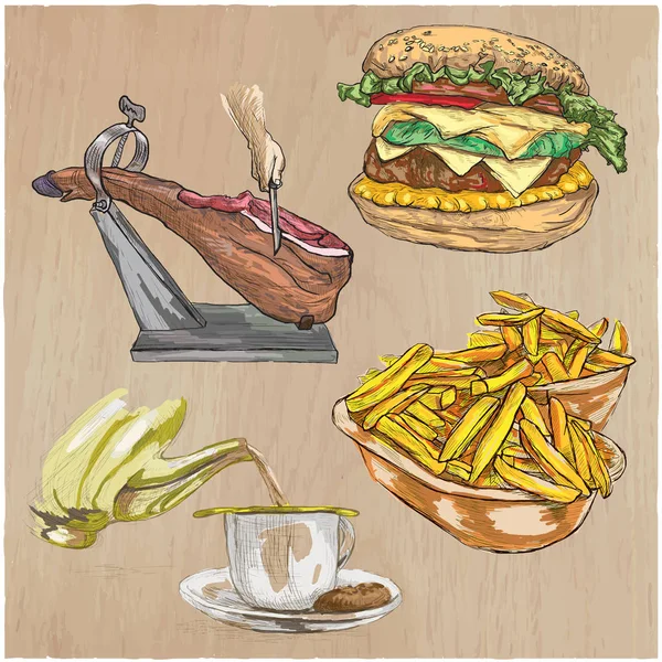 Comida. Manos libres, colección vectorial dibujada a mano. Línea de arte techniqu — Vector de stock