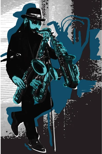 Musik, Musiker. bärtiger Saxofonist in blau. Abendstimmung. ein paar — Stockvektor