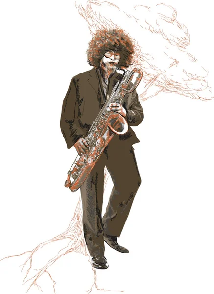 Saksofonista. Człowiek młody sax gry na saksofonie. Ręcznie rysowane v — Wektor stockowy