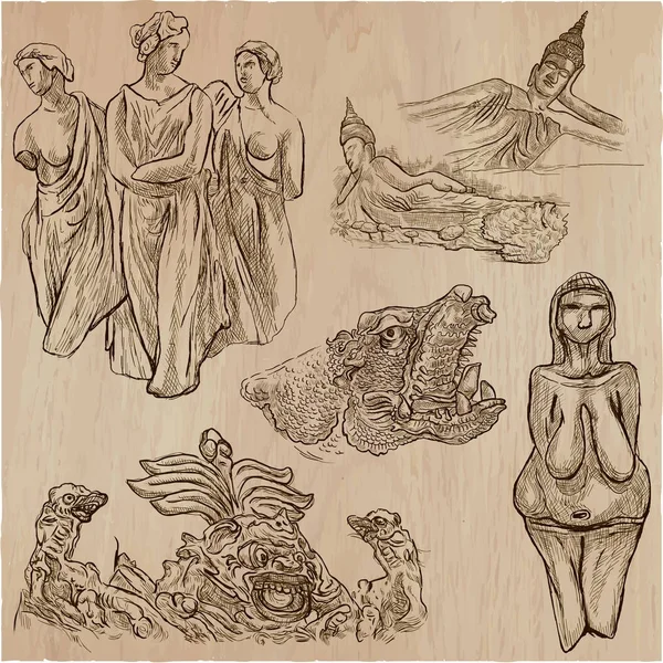 Artă veche și nativă, lucrări de artă - un pachet vectorial desenat manual, mâini libere — Vector de stoc