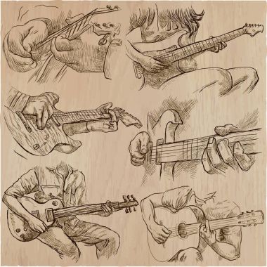 bir elle çizilmiş koleksiyonu, vektör paketi - gitar Solo