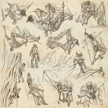 Tırmanma, dağcılar - bir elle çizilmiş koleksiyonu. Freehand sürüsü 