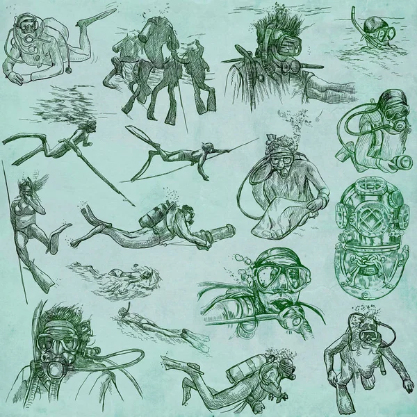 Mergulho - Uma coleção desenhada à mão. Desenho à mão livre. Linha arte sk — Fotografia de Stock