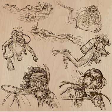 DIVING - An hand drawn vector collection, Divers. Freehand drawi clipart