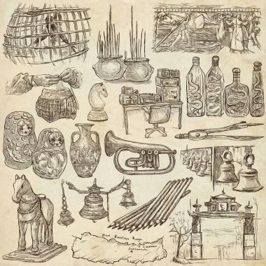 Bric bir brac, nesneleri - bir elle çizilmiş paketi. Serbest çizim, f
