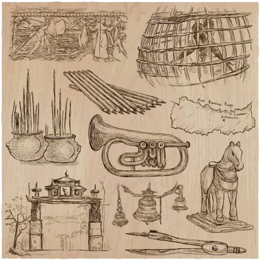 Bric bir brac, nesneleri - bir elle çizilmiş paketi. Serbest çizim. V