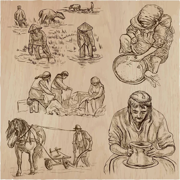 Héroes de la clase obrera - una colección dibujada a mano. Línea de arte techni — Archivo Imágenes Vectoriales
