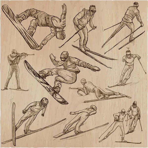 Vintersport. Skidåkning och snowboard. En handritad pack. — Stock vektor
