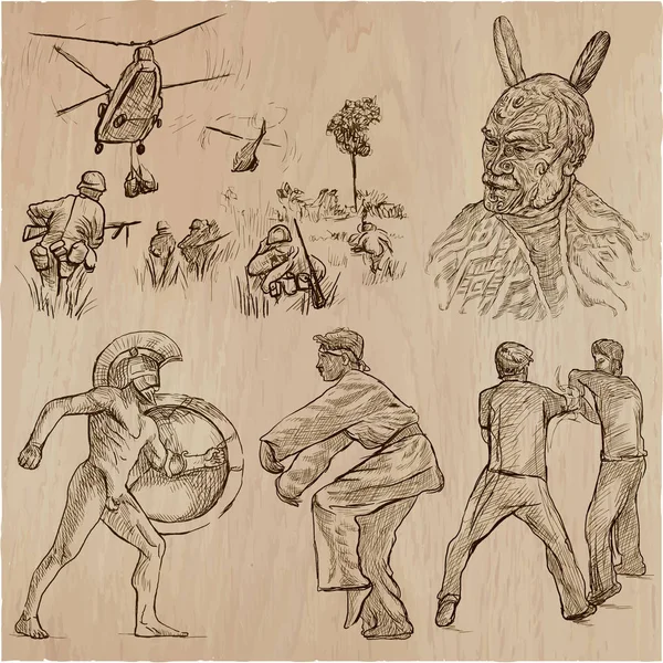 La manada dibujada a mano - la colección de los guerreros, los combatientes. Línea de arte . — Archivo Imágenes Vectoriales