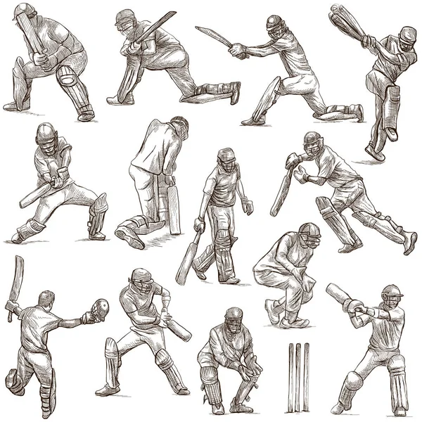 Cricket sport collection. Cricketers. Full sized hand drawings o — Stock Photo, Image