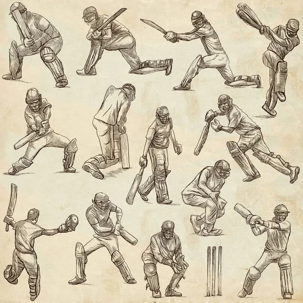 Kriket spor koleksiyonu. Kriketçiler'in. Tam ölçekli el çizimleri o — Stok fotoğraf