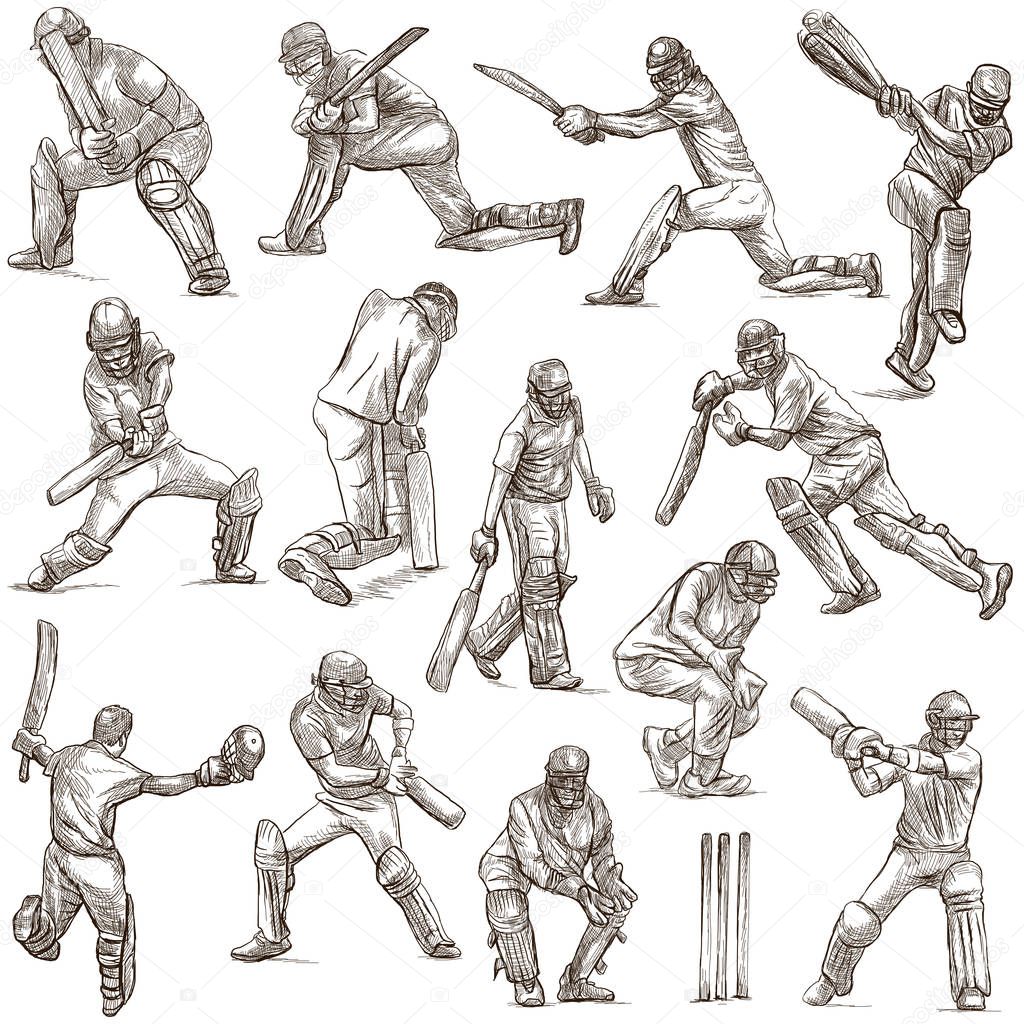 Cricket sport collection. Cricketers. Full sized hand drawings o