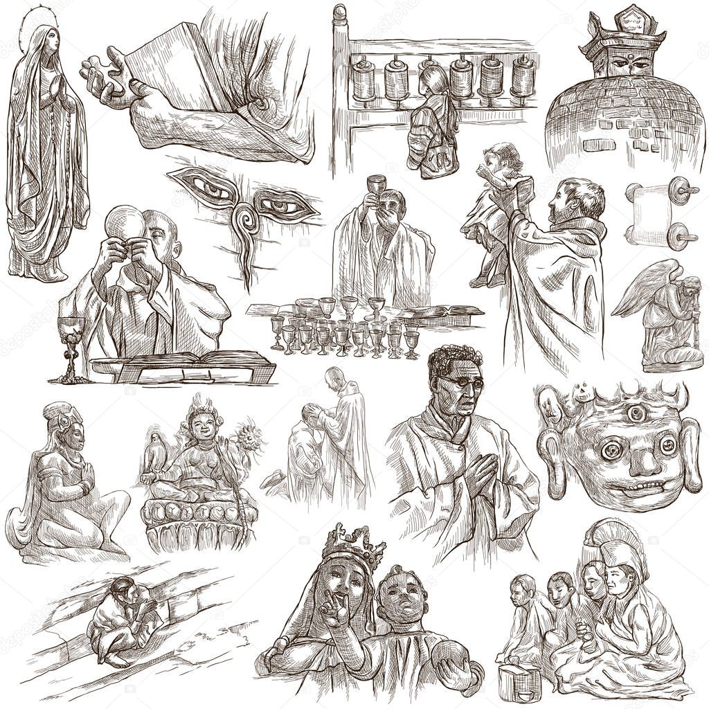 Religion, Spirit Life, Religious - An hand drawn collection on w