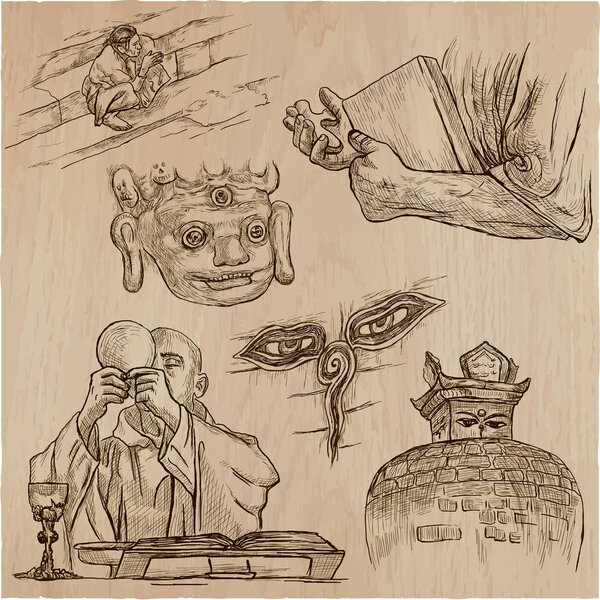 религия во всем мире - вектор, нарисованный вручную
