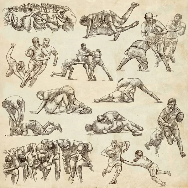 RUGBY - An hand drawn freehand collection. Line art pack of some — Stock Photo, Image