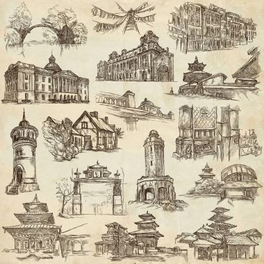 Dünyadan - bir elle çizilmiş paketi mimarisi. FreeHand col