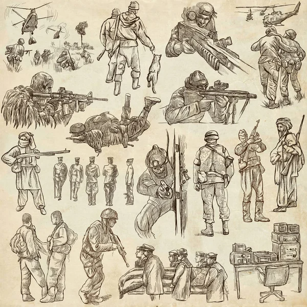 Soldaten, leger - een hand getrokken-collectie. Warriors op oud papier — Stockfoto