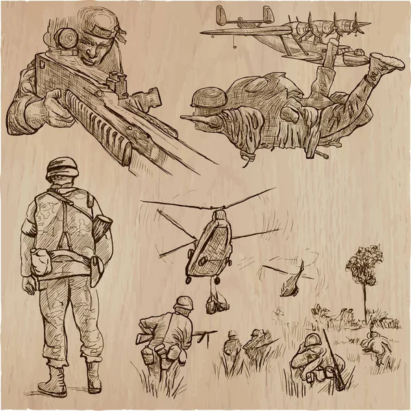 Soldats, Armée - Une collection de vecteurs dessinés à la main. Guerriers autour — Image vectorielle