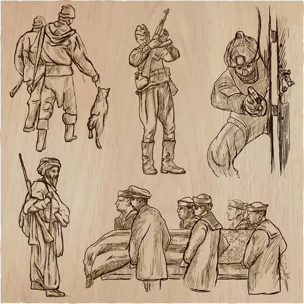 Soldados, Ejército - Una colección vectorial dibujada a mano. Guerreros aroun — Archivo Imágenes Vectoriales