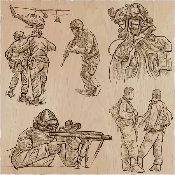 Soldaten, leger - een hand getrokken vector collectie. Krijgers aroun — Stockvector