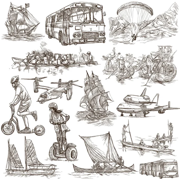 Transporte, Transporte ao redor do mundo - Um colle desenhado à mão — Fotografia de Stock