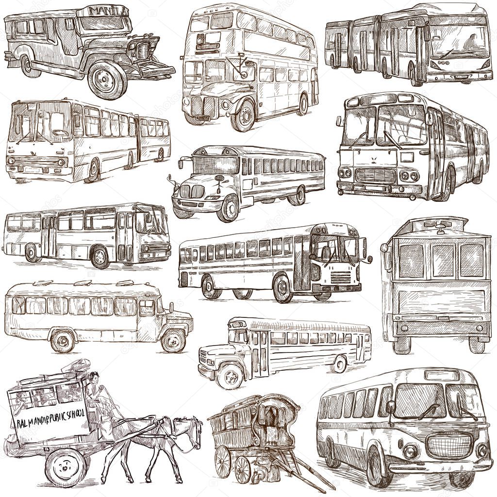 Transport, Transportation around the World. Buses. - An hand dra