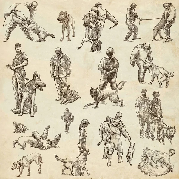 Los perros - el adiestramiento de perros. Colección, paquete de bocetos a mano alzada. Línea — Foto de Stock